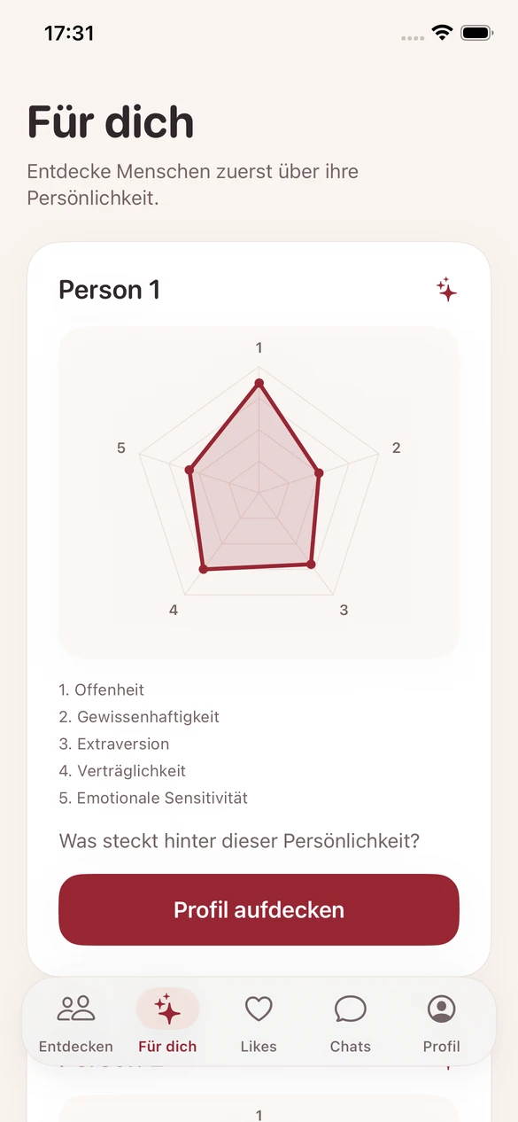 Echte Sona-App-Aufnahme im Testmodus: Für dich zeigt ein anonymes Persönlichkeitsdiagramm und die Aktion Profil aufdecken.